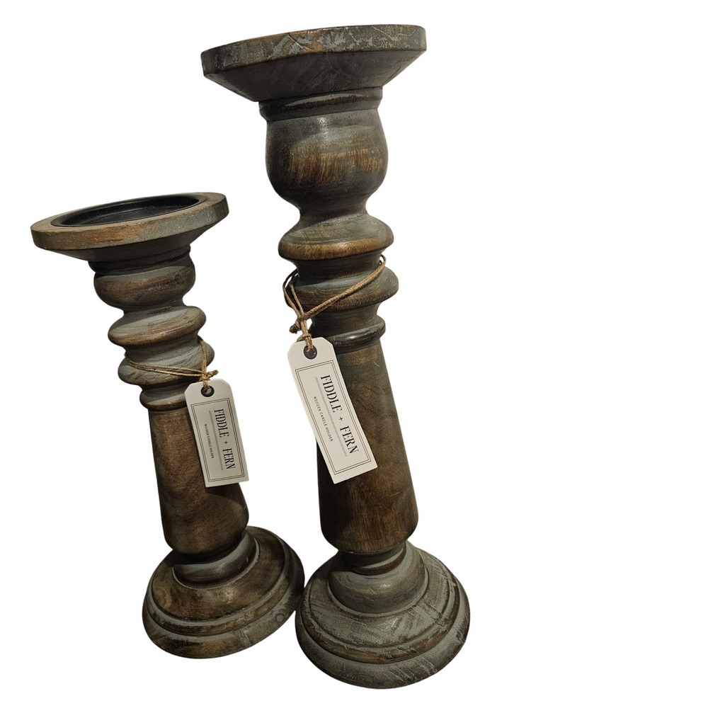 Fiddle + Fern Wooden Candle Holders Set of 2 Rustic Farmhouse Decor - Picture 4 of 10